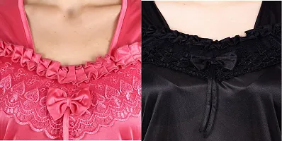 Cotovia Stylish Satin Women?s Latest Free Size Top and Pajama Set Night Dress for Women/Girls Combo (Pack of 2) (Black & Pink)-thumb3