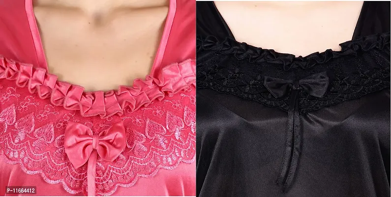 Cotovia Stylish Satin Women?s Latest Free Size Top and Pajama Set Night Dress for Women/Girls Combo (Pack of 2) (Black & Pink)-thumb4