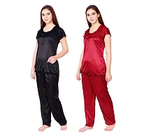 Cotovia Stylish Satin Women?s Latest Free Size Top and Pajama Set Night Dress for Women/Girls Combo (Pack of 2) (Black  Maroon)-thumb2