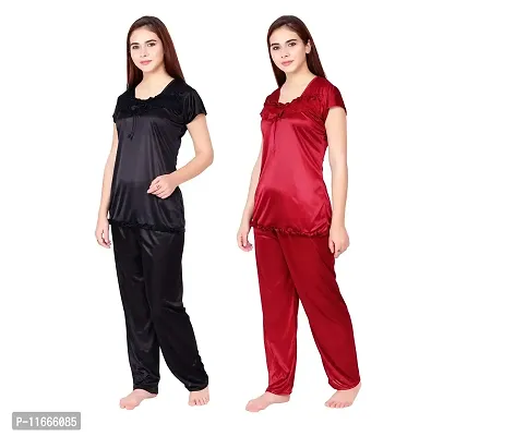 Cotovia Stylish Satin Women?s Latest Free Size Top and Pajama Set Night Dress for Women/Girls Combo (Pack of 2) (Black  Maroon)-thumb3