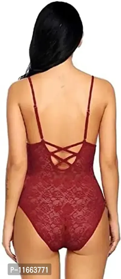 Cotovia Net Printed Above Knee Babydoll Lingerie Night Dress for Women (Free Size, Maroon)-thumb2