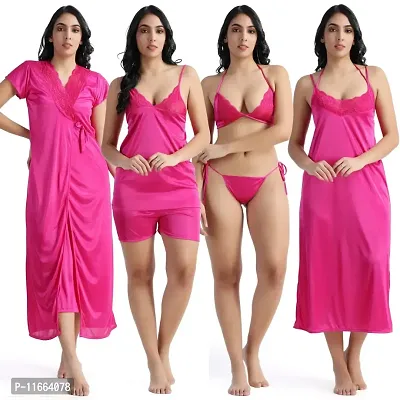 Cotovia Girl's Satin Solid Nightwear Set Pack of 4 (Free Size, Pink)