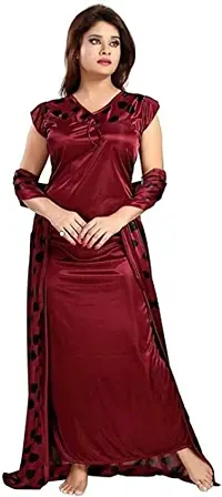 Cotovia Women's Satin Solid Nightwear Set Pack of 2 (BUF-NIGHTY-325_Magenta_Free Size) (Free Size, Maroon)-thumb4