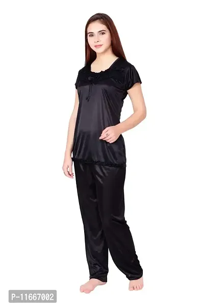 Cotovia Women's Satin Plain/Solid Top and Pyjama Set Pack of 1 (Medium, Black)-thumb3