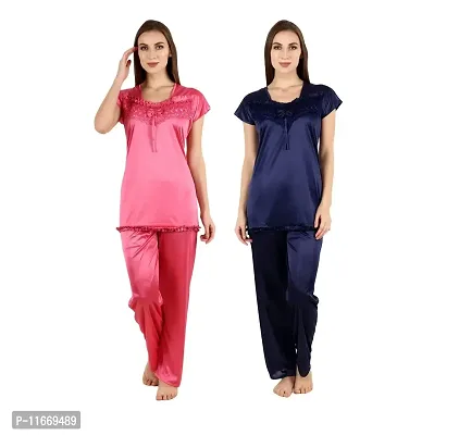 Cotovia Stylish Satin Women?s Latest Free Size Top and Pajama Set Night Dress for Women/Girls Combo (Pack of 2) (Pink & Blue)-thumb0