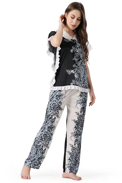 Cotovia Women's Satin Printed Night Suit Set of Top & Pyjama