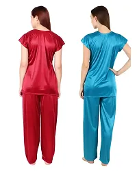 Cotovia Women's Satin Plain/Solid Night Suit Set Pack of 2 (Large, Maroon and Light Blue)-thumb1