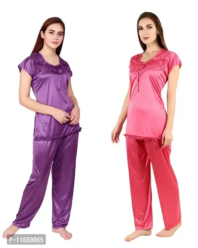 Cotovia Women's Satin Plain/Solid Night Suit Set Pack of 2 Combo Set (Free Size, Pink and Purple)