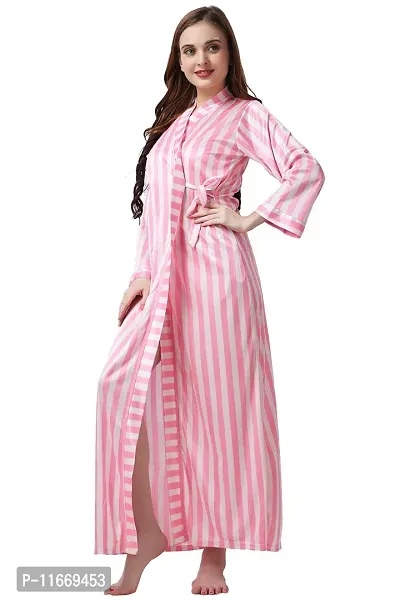 Cotovia Women's Lace & Satin Solid Maxi Nighty with Wrap Gown (Free Size, Pink)-thumb3