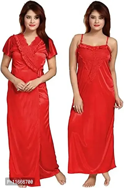 Cotovia Women's Satin Solid Nightwear Set Pack of 2 (BUF-NIGHTY-325_Magenta_Free Size) (Free Size, Red)