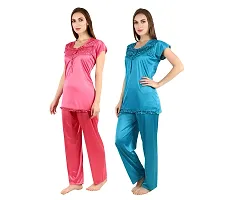 Cotovia Women's Satin Solid Pajama Set Pack Of 2 (C-PS-COMBO_Beige, Pink & Light Blue_Free Size)-thumb1