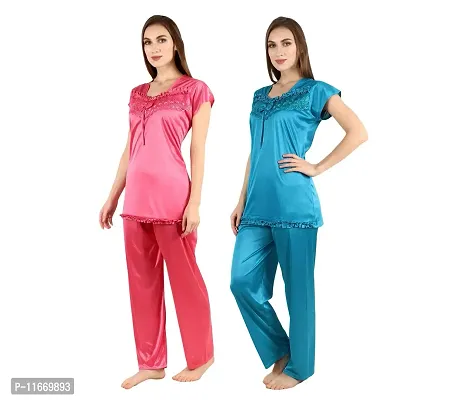 Cotovia Women's Satin Solid Pajama Set Pack Of 2 (C-PS-COMBO_Beige, Pink & Light Blue_Free Size)-thumb2