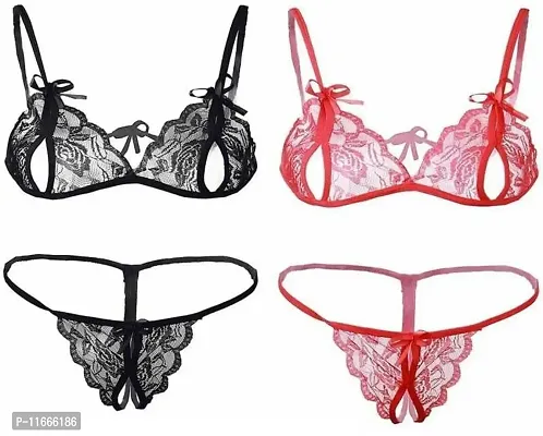 Cotovia Combo Offer! Women Babydoll Nightwear Lace Bra Panty Lingerie Set (Free Size, Black,Red)