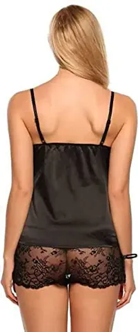 Cotovia Women's Satin Embellished Babydoll Nightwear Lingerie Set Pack of 1 (Free Size, Black)-thumb1