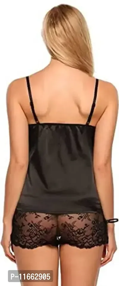 Cotovia Women's Satin Embellished Babydoll Nightwear Lingerie Set Pack of 1 (Free Size, Black)-thumb2