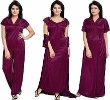 Cotovia Girl's Satin Solid Nightwear Set Pack of 4 (Free Size, Wine)-thumb3