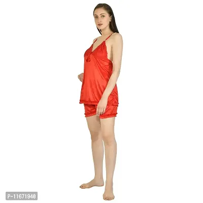 Cotovia Women Satin Blend Top & Shorts Nightwear/Loungewear Set with Lace (Small, Red)-thumb2