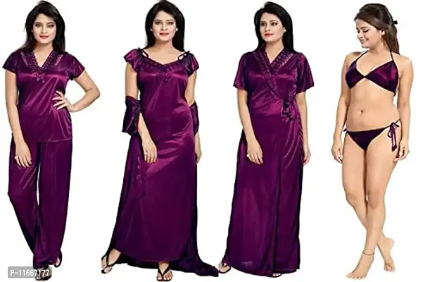 Cotovia Girl's Satin Solid Nightwear Set Pack of 4 (Free Size, Purple)-thumb0