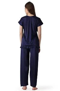 Cotovia Women's Plain Satin Night Suit (Top and Pyjama) (Medium, Navy Blue)-thumb1