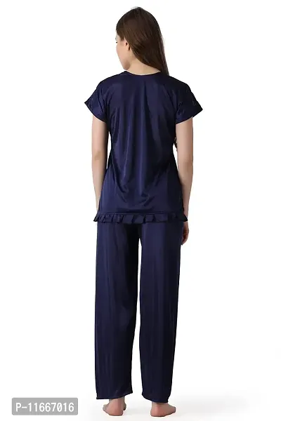 Cotovia Women's Plain Satin Night Suit (Top and Pyjama) (Medium, Navy Blue)-thumb2