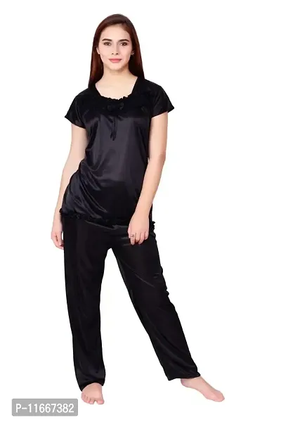 Cotovia Women's Satin Plain/Solid Top and Pyjama Set Pack of 1 (Large, Black)-thumb2