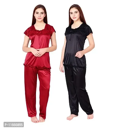 Cotovia Stylish Satin Women?s Latest Free Size Top and Pajama Set Night Dress for Women/Girls Combo (Pack of 2) (Black  Maroon)