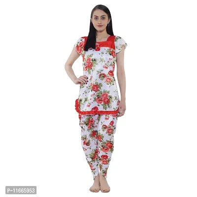 Cotovia Top and Dhoti Style Night Suit, Floral Print Nightdress, Night Gown for Women and Girls. (Large, Red)
