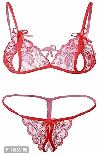 Cotovia Combo Offer! Women Babydoll Nightwear Lace Bra Panty Lingerie Set (Free Size, Black,Red)-thumb3