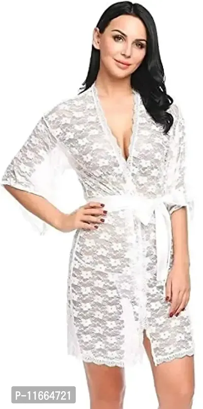 Cotovia Womens Babydoll Lace Net Robe Lingerie Nightwear Dress (Free Size, White)-thumb0