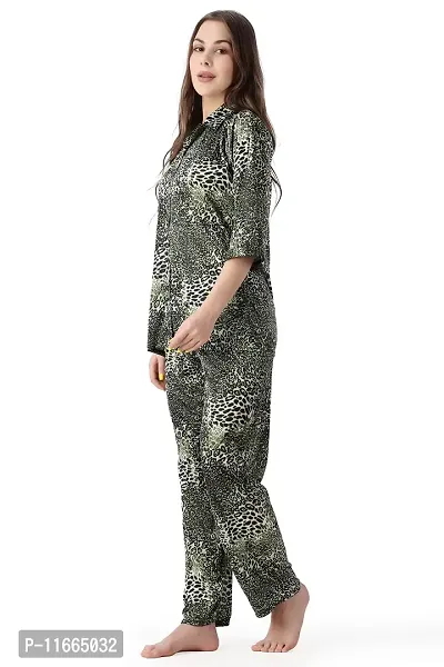 Cotovia Pants Women's Silk Satin Animal Print Night Suit. (M, Green Multicolor)-thumb4