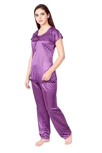 Cotovia Women's Satin Plain/Solid Top and Pyjama Set Pack of 1 (Large, Purple)-thumb1