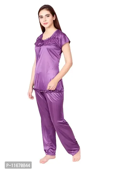 Cotovia Women's Satin Plain/Solid Top and Pyjama Set Pack of 1 (Large, Purple)-thumb2