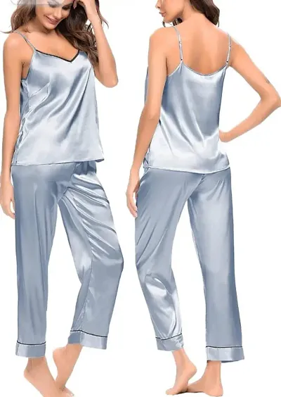 Trendy Satin Solid Sleeveless Night Suit Set