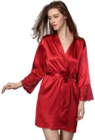 Trendy Satin Solid Night Robe For Women