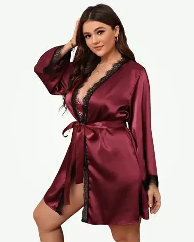 Trendy Satin Solid Night Robe For Women