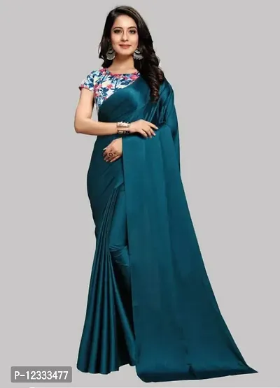 Beautiful Satin Solid Saree with Blouse Piece For Women-thumb0