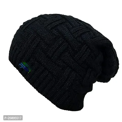 Winter Warm Woolen Long Beanie Cap for Men  Women Black Free Size-thumb0