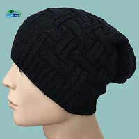 Winter Warm Woolen Long Beanie Cap for Men  Women Black Free Size-thumb2
