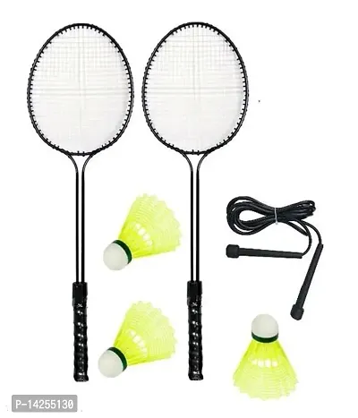 Classic Double Shaft Badminton 2 Racket with 3 Nylon Shuttle with Skipping Rope Free
