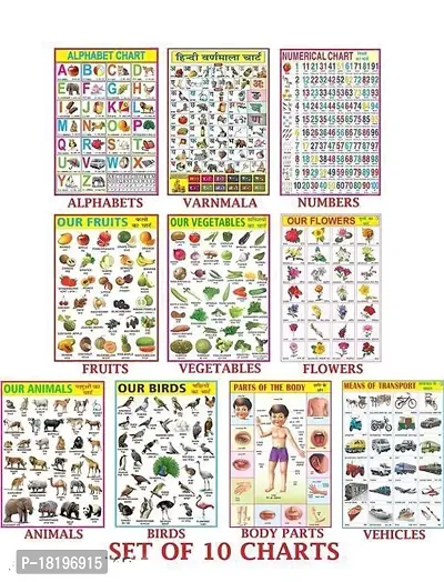 Educational Charts set for Kids | 45cmtimes;58cm (Extra Large Size to attract Kids) | Combo of 10 Charts | Alphabet, Numbers, Birds, Animals, Hindi, Fruits, Vegetables, Flowers, Transport  Parts Of Body-thumb0