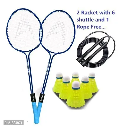 Trendy Double Shaft 2 Raqucet 6 Shuttle with Skipping Rope Free  Soft Grip Combo Offers-thumb0