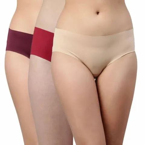 SH ENTERPRISE Women's Seamless Underwear Silk, Cotton-Nylon Mid-Rise Panty (Color:- Cream-Red-Maroon) (Pack of 3) (Size:- Large)