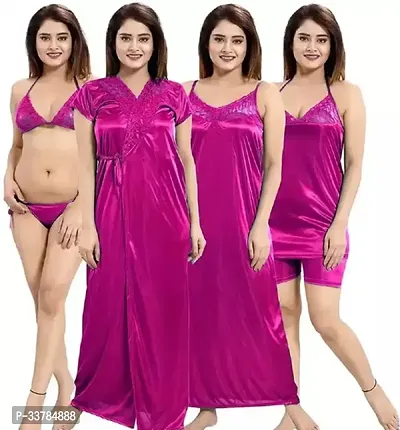 Stylish Satin Solid Night Dress Set of 1 Nighty 1 Robe 1 Bra 1 Panty 1 Top  1 Shorts For Women-thumb0