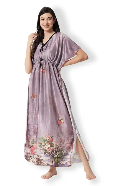 Veshvilla Women's Print Regular Kaftan Maxi Nighty (Grey)