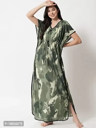 Veshvilla Women's Print Regular Kaftan Maxi Nighty (Army, Green)-thumb2