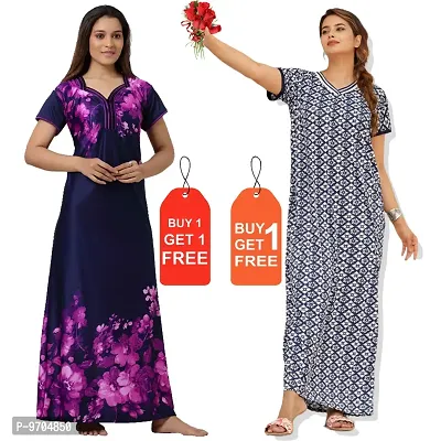 Stylish Fancy Satin Printed Nighty Combo For Women Pack Of 2-thumb0