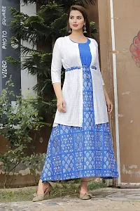 Stylish Rayon Blue Printed 3/4 Sleeves Long Kurta With Jacket Set For Women-thumb1