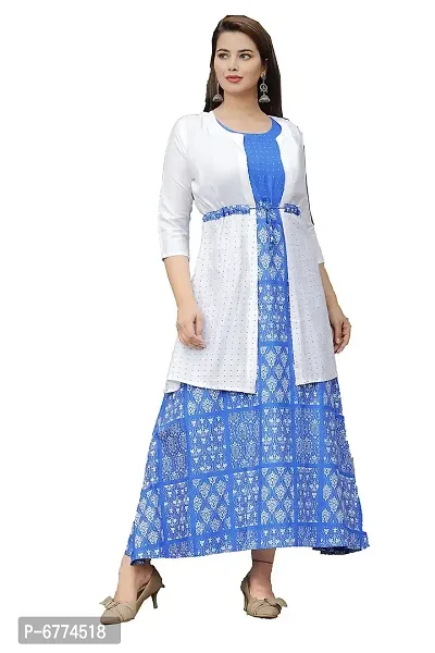 Stylish Rayon Blue Printed 3/4 Sleeves Long Kurta With Jacket Set For Women