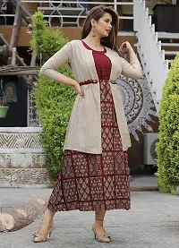 Stylish Rayon Maroon Printed 3/4 Sleeves Long Kurta With Jacket Set For Women-thumb1