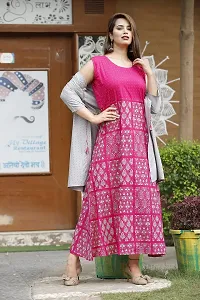 Stylish Rayon Pink Printed 3/4 Sleeves Long Kurta With Jacket Set For Women-thumb2